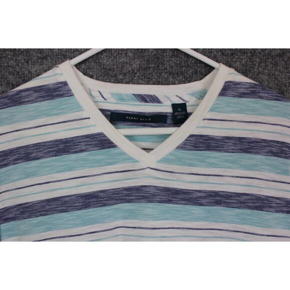 Perry Ellis T-Shirt Men's XL White and Blue Strips Short Sleeve Cotton - Picture 4 of 10